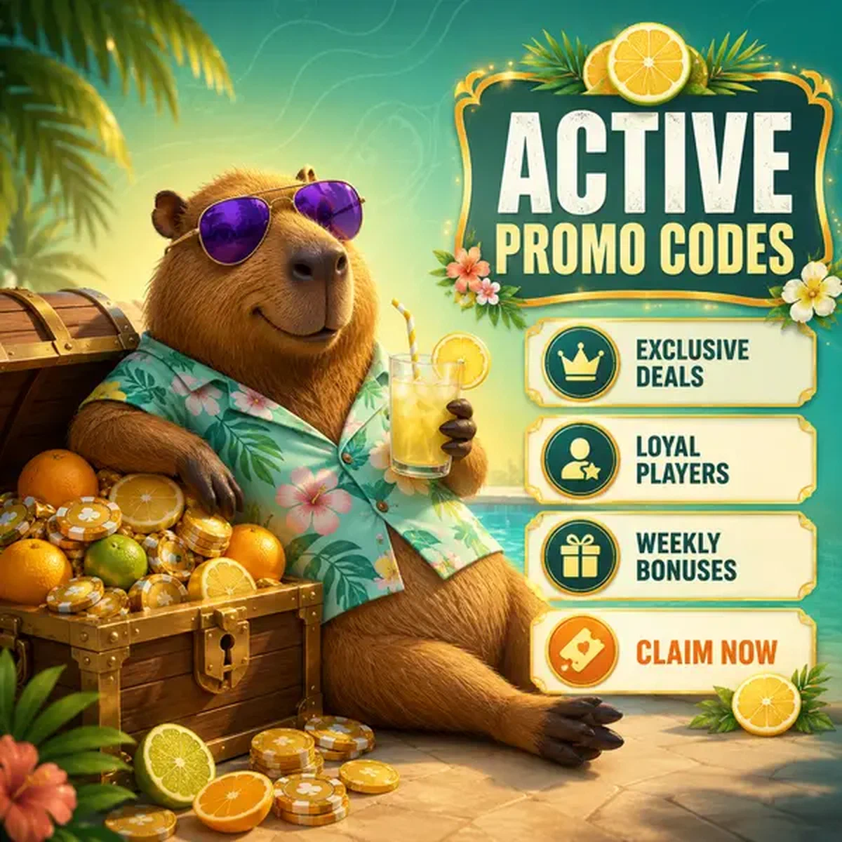 Capybara joyeux avec coffre au trésor de code promo au paradis de la piscine LazyBar