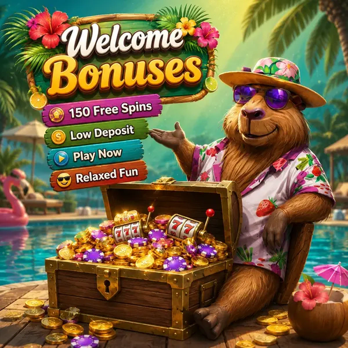 Capibara rilassato a bordo piscina con forziere traboccante di slot gratis al Casinò LazyBar