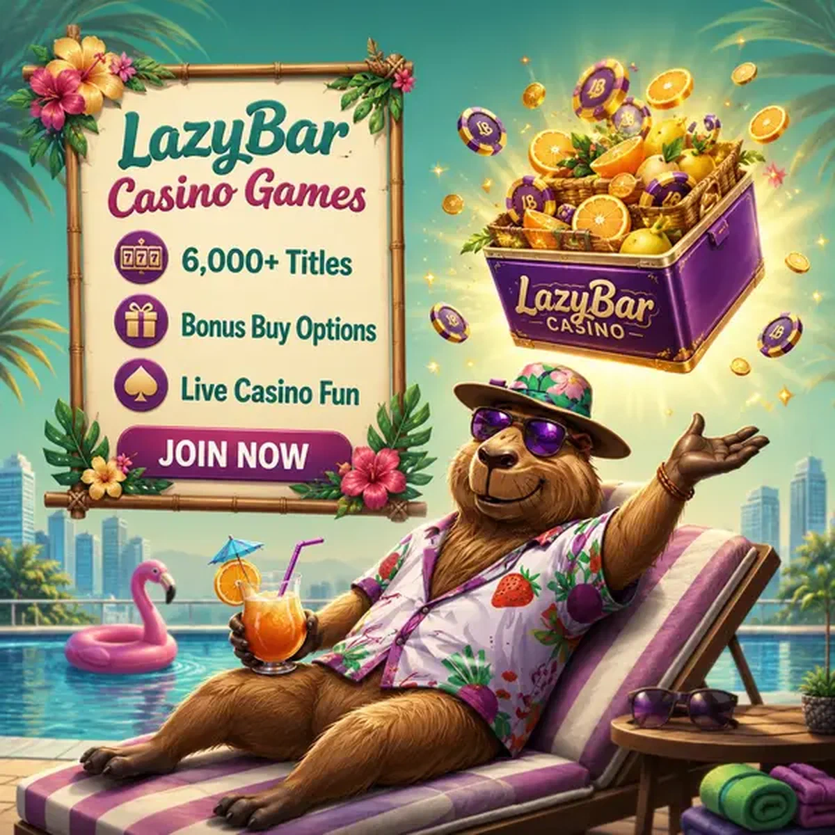 Jeux LazyBar Casino piscine sur le toit avec hôte capybara gesticulant vers la boîte au trésor bonus