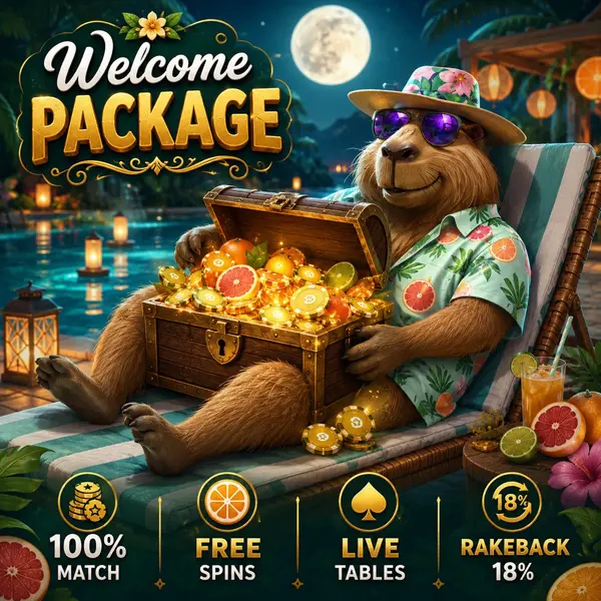 Hôte capybara LazyBar se relaxant au bord de la piscine avec coffre au trésor de casino en direct de récompenses dorées