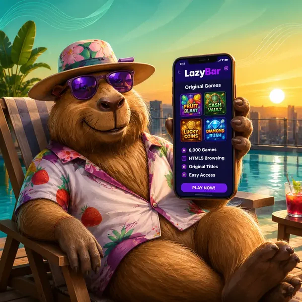 Capybara LazyBar se prélassant au bord de la piscine, explorant l'application mobile avec 6 000 jeux sur écran de smartphone