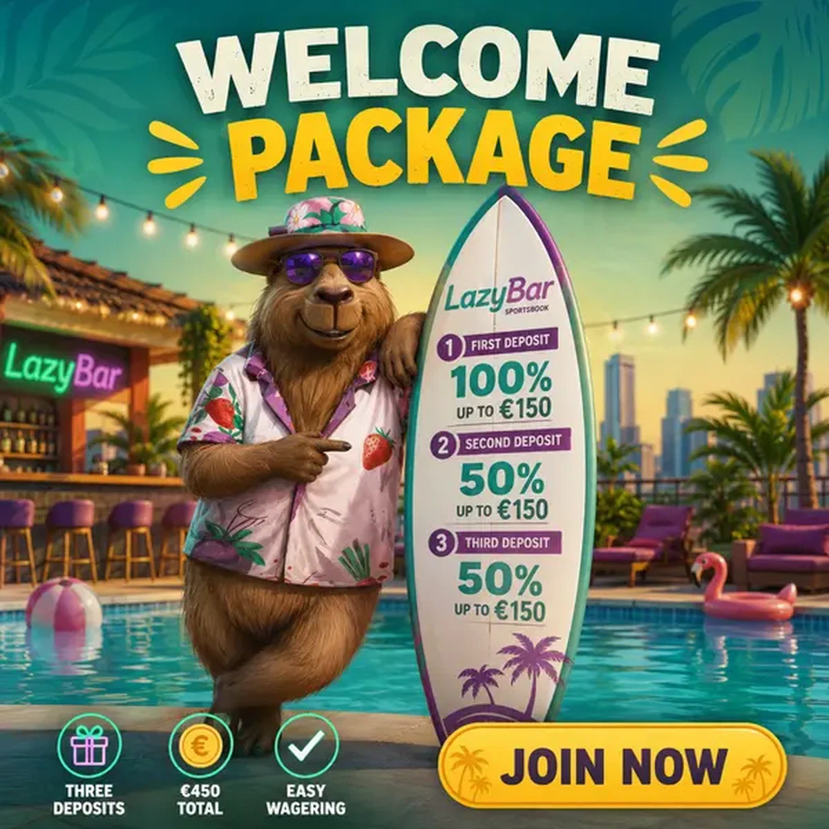 Capybara LazyBar se relaxant au bord de la piscine avec bulletin de paris sportifs surfboard