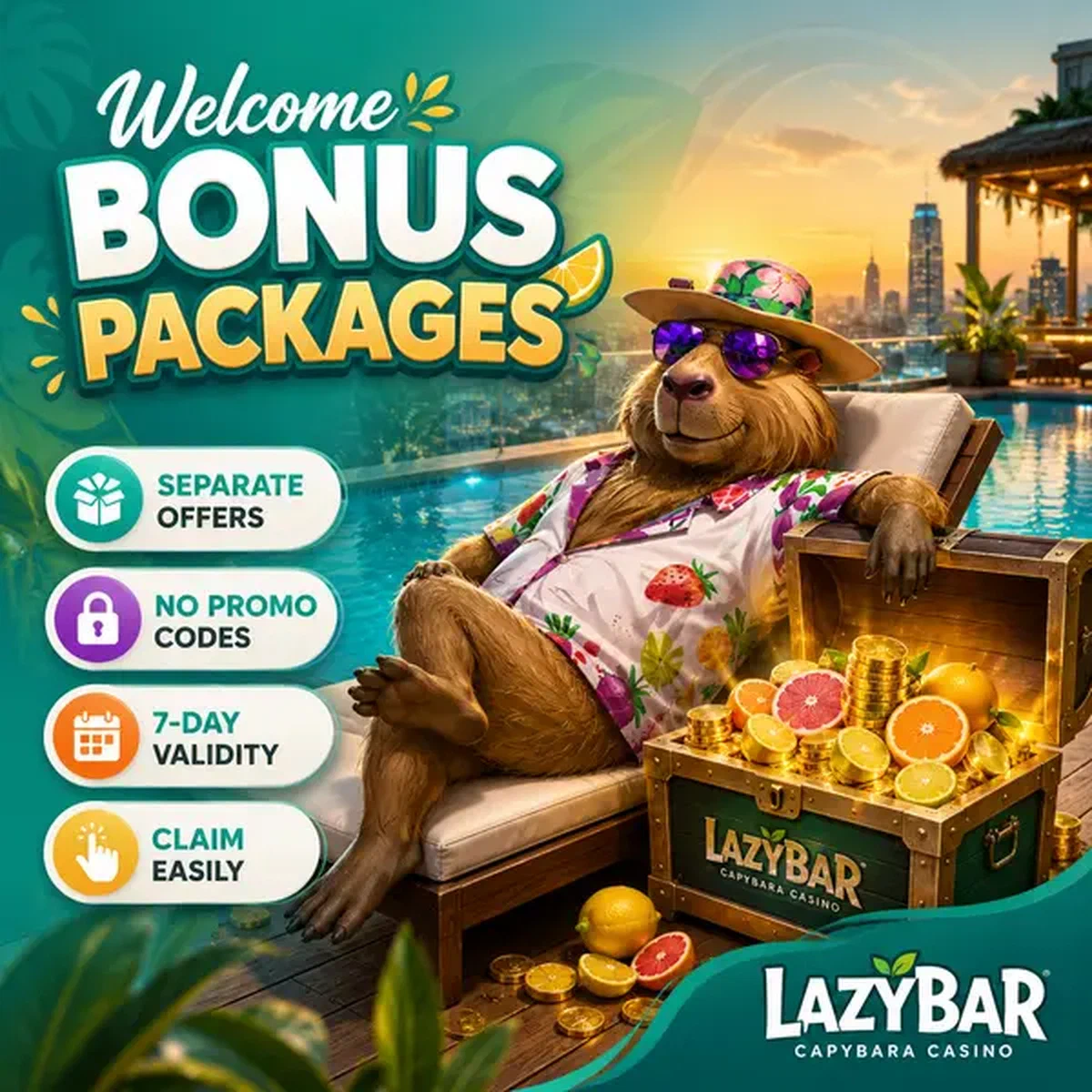 Coffre au trésor du bonus de bienvenue brillant à côté d'un capybara détendu à la piscine sur le toit du casino LazyBar