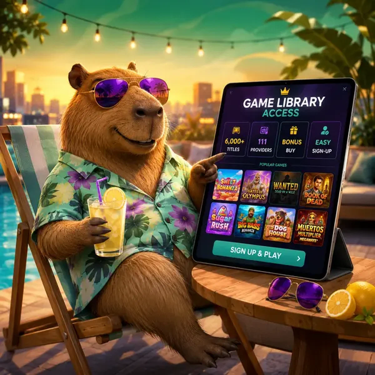 Capibara in camicia hawaiana che indica il tablet che mostra la libreria di giochi LazyBar dopo la registrazione