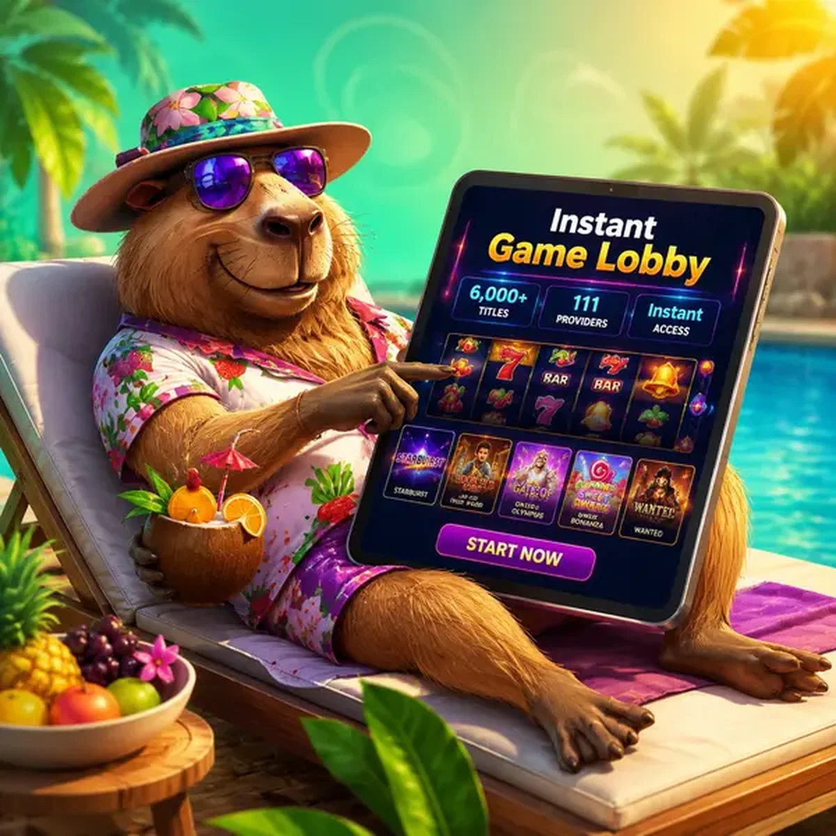 Capybara LazyBar se relaxant au bord de la piscine, tapant sur l'écran de connexion sur tablette tropicale