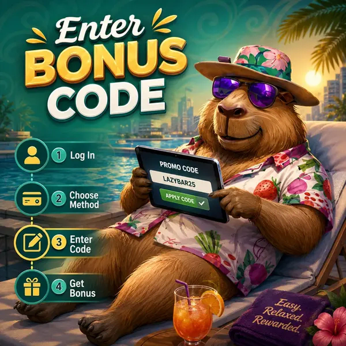 Capybara LazyBar se prélassant au bord de la piscine, tapant tranquillement le code promo sur l'écran de la tablette
