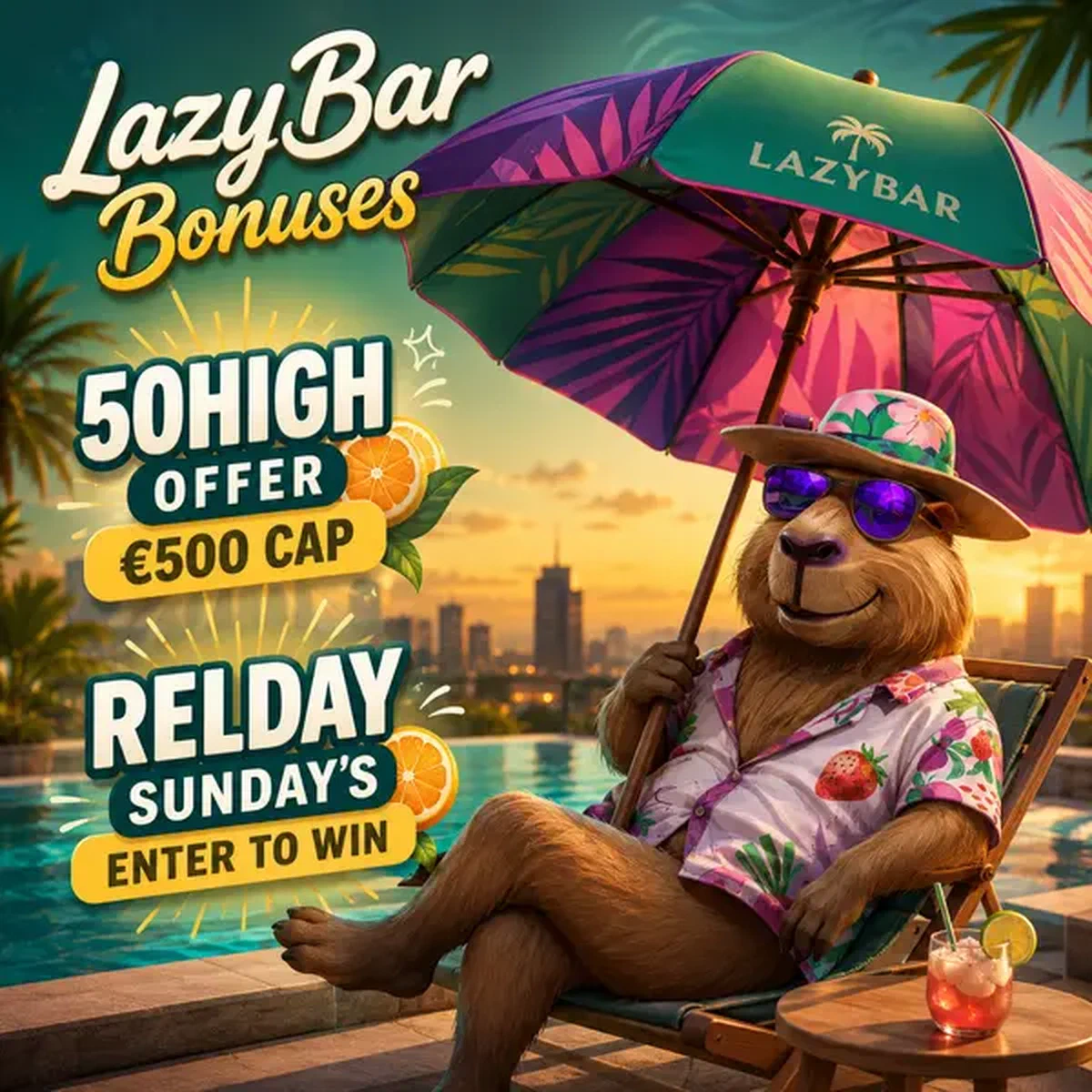 Capybara détendu au bord de la piscine promouvant les codes bonus LazyBar 50HIGH et RELDAY sous un parasol de plage