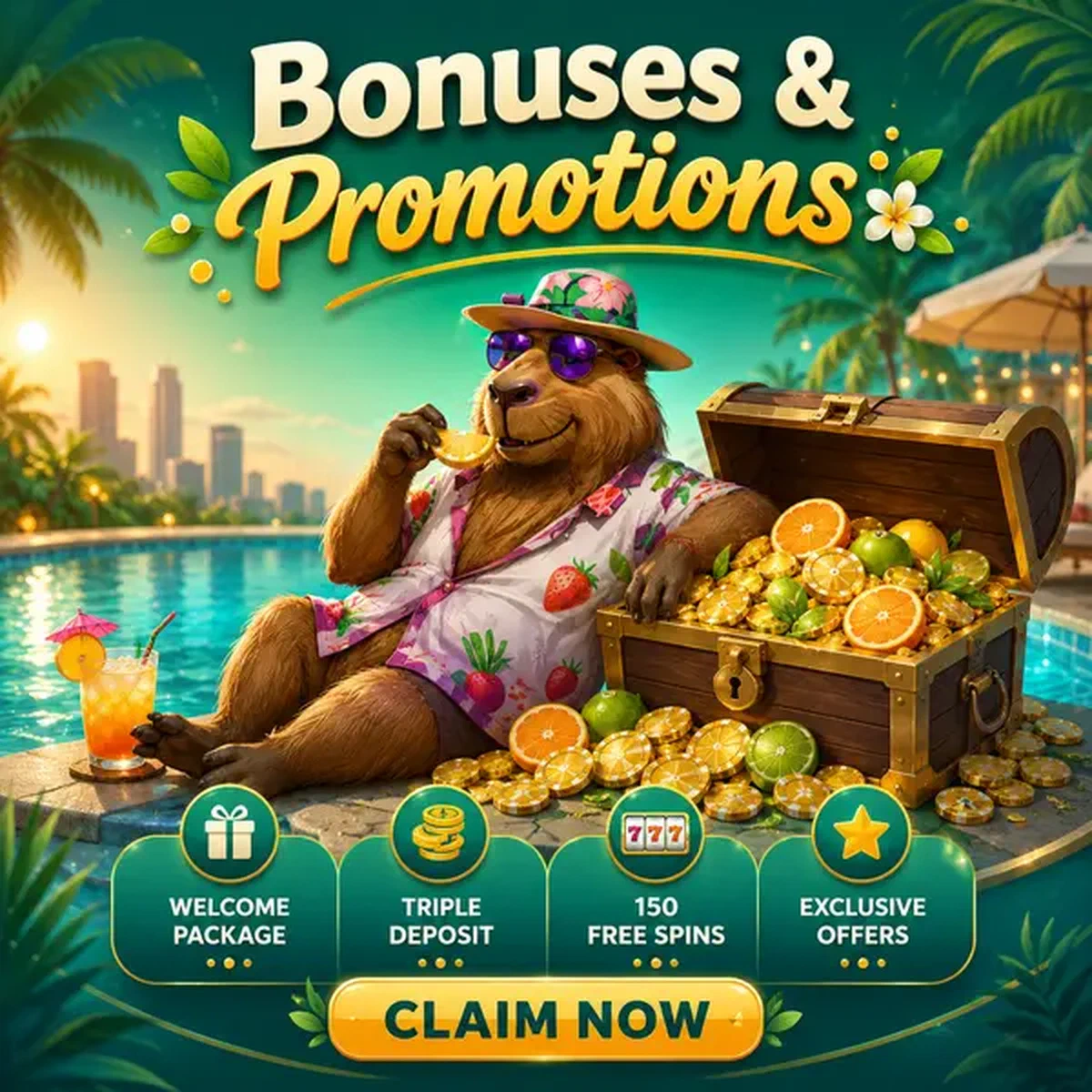 Pièces bonus se déversant du coffre au trésor au paradis au bord de la piscine LazyBar