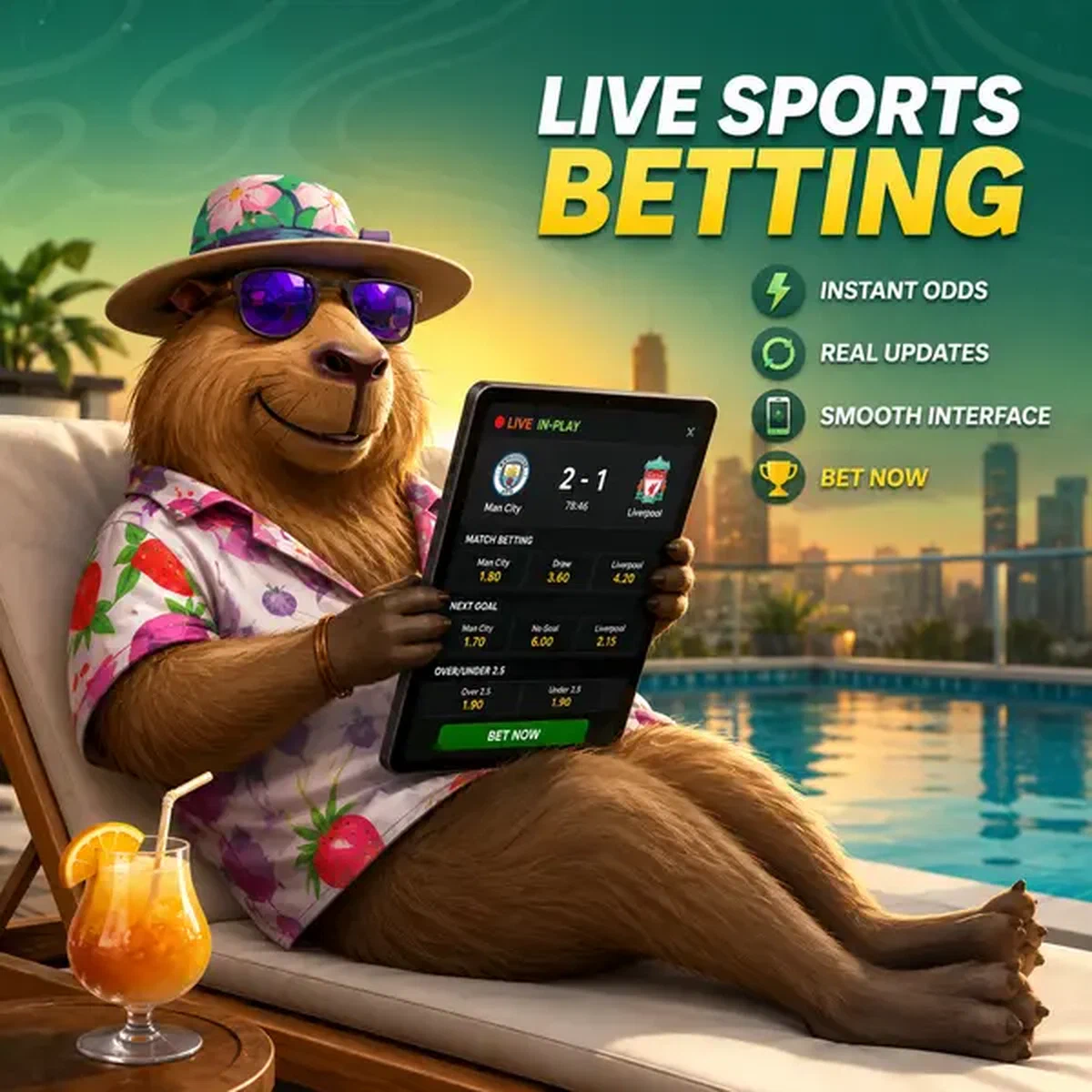 Capybara LazyBar se relaxant au bord de la piscine en pariant sur les sports sur tablette avec cotes en direct