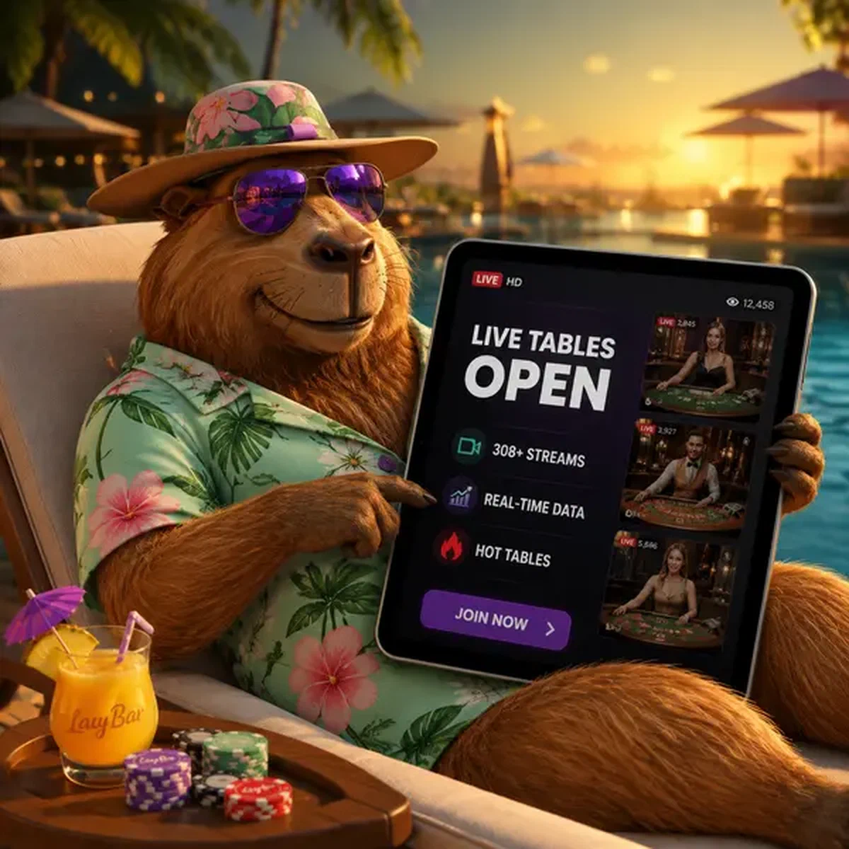 Capybara LazyBar se relaxant au bord de la piscine avec flux de casino en direct sur tablette, 308+ tables prêtes
