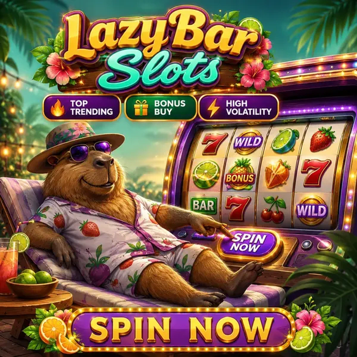 Capibara LazyBar che si rilassa casualmente mentre fa girare rulli slot colorati al paradiso del gioco tropicale