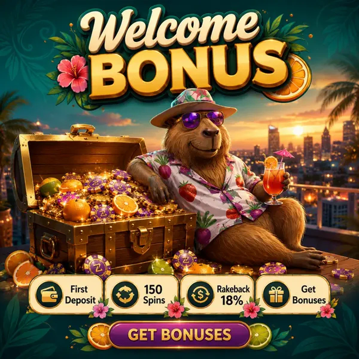 Coffre au trésor de l'application casino LazyBar débordant de jetons bonus dorés et de récompenses d'agrumes
