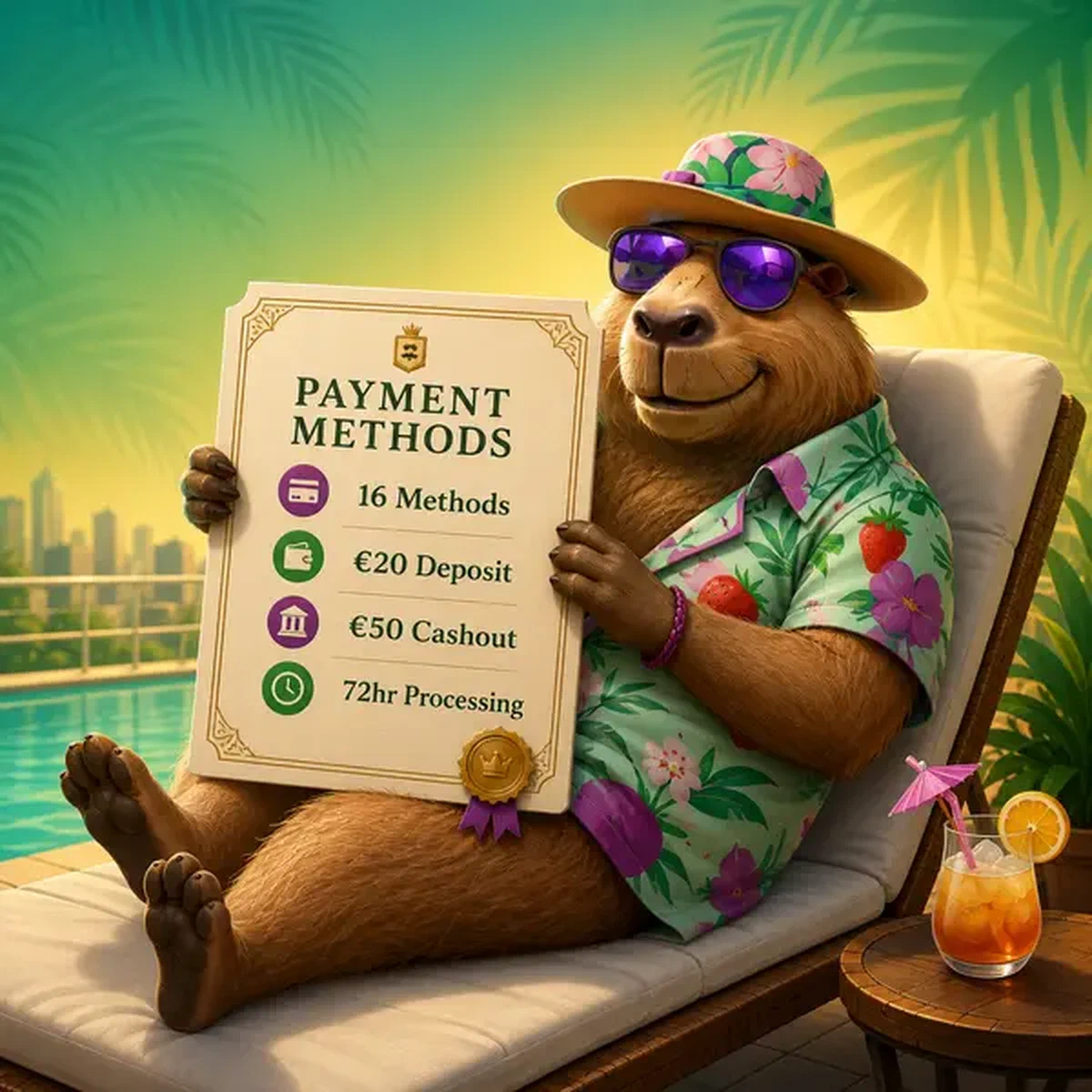 Capybara détendu présentant les méthodes de paiement LazyBar sur certificat au bord de la piscine