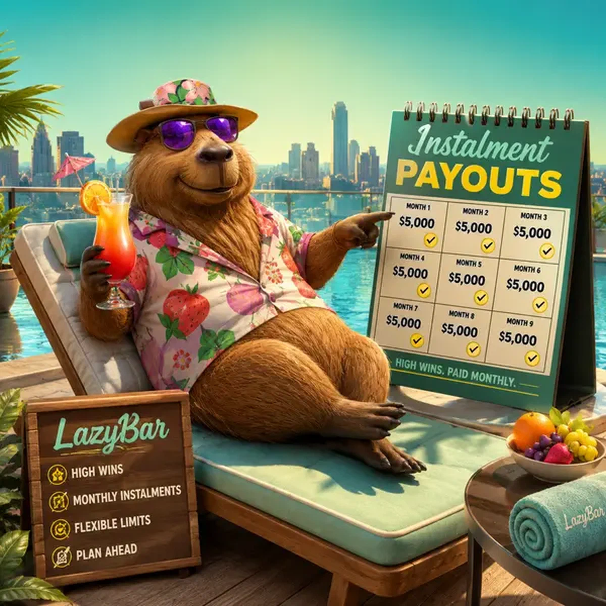 Hôte capybara détendu au bord de la piscine LazyBar expliquant les paiements mensuels échelonnés