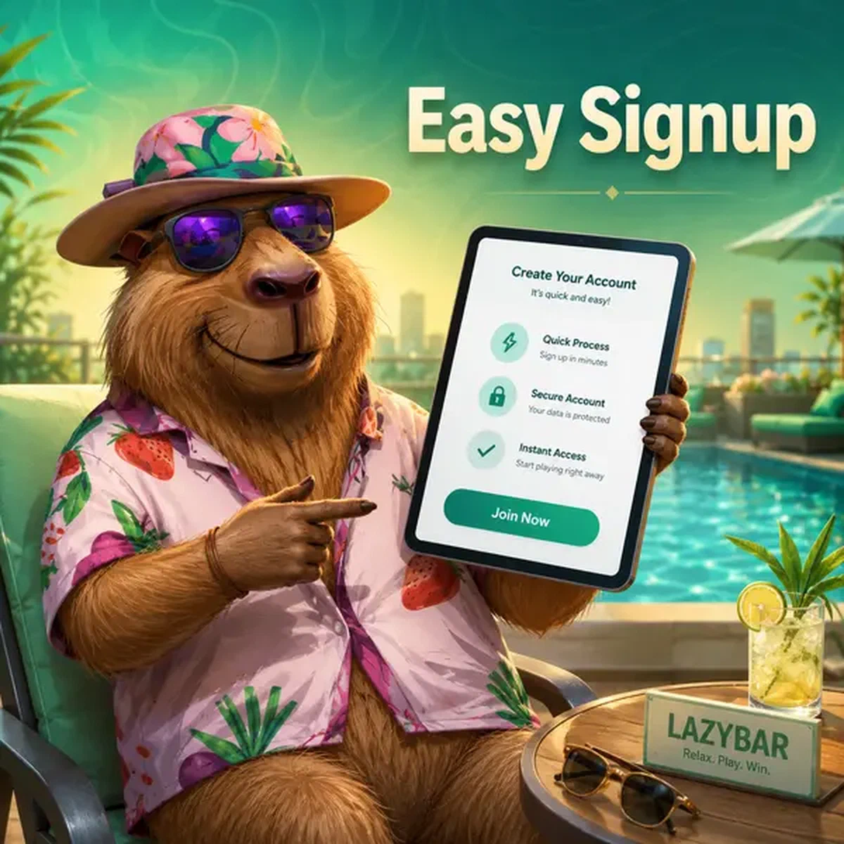 Tablette d'inscription LazyBar brillant alors que le capybara guide le nouveau joueur pour s'inscrire