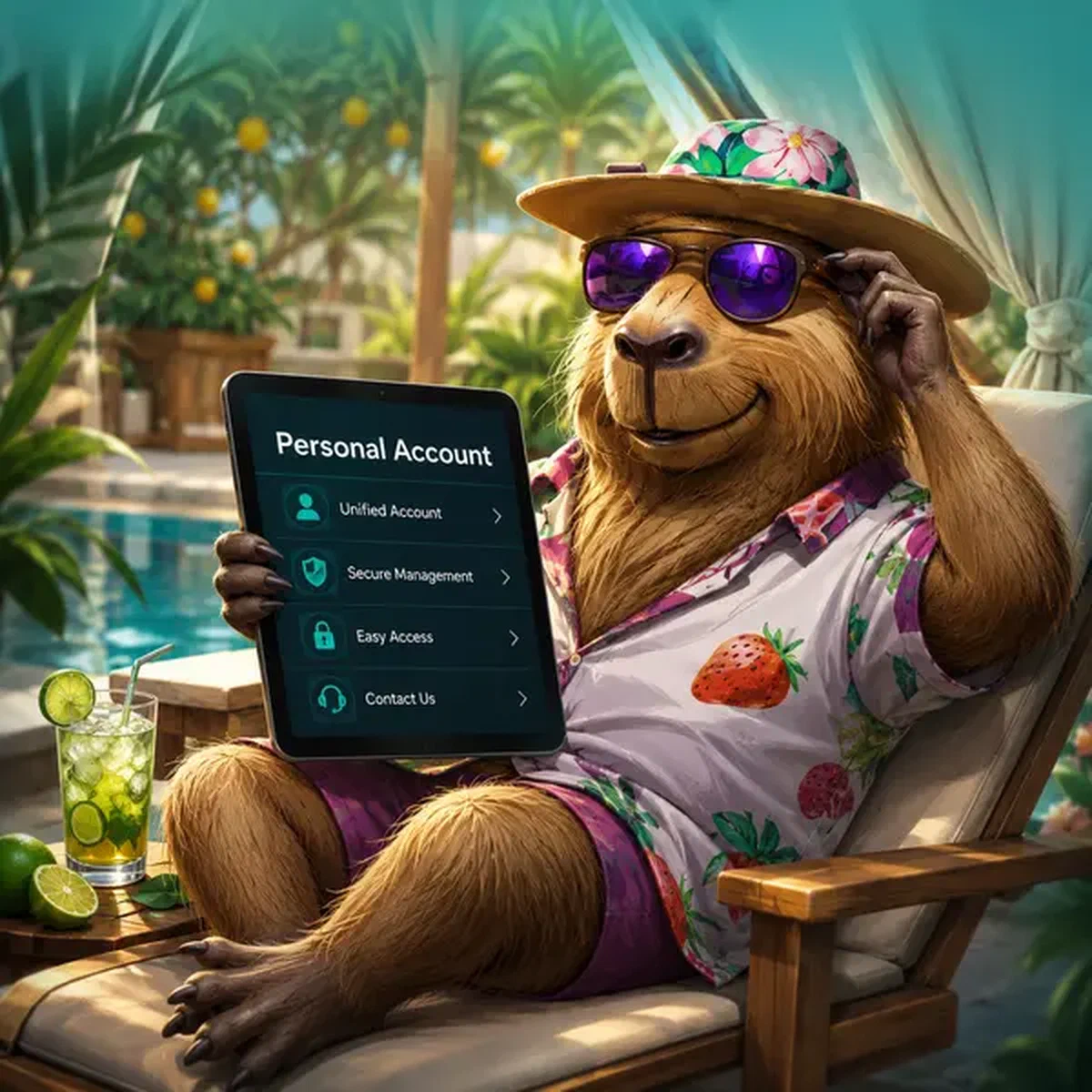 Interface de gestion du compte personnel LazyBar brillant sur la tablette du capybara dans une cabane ensoleillée