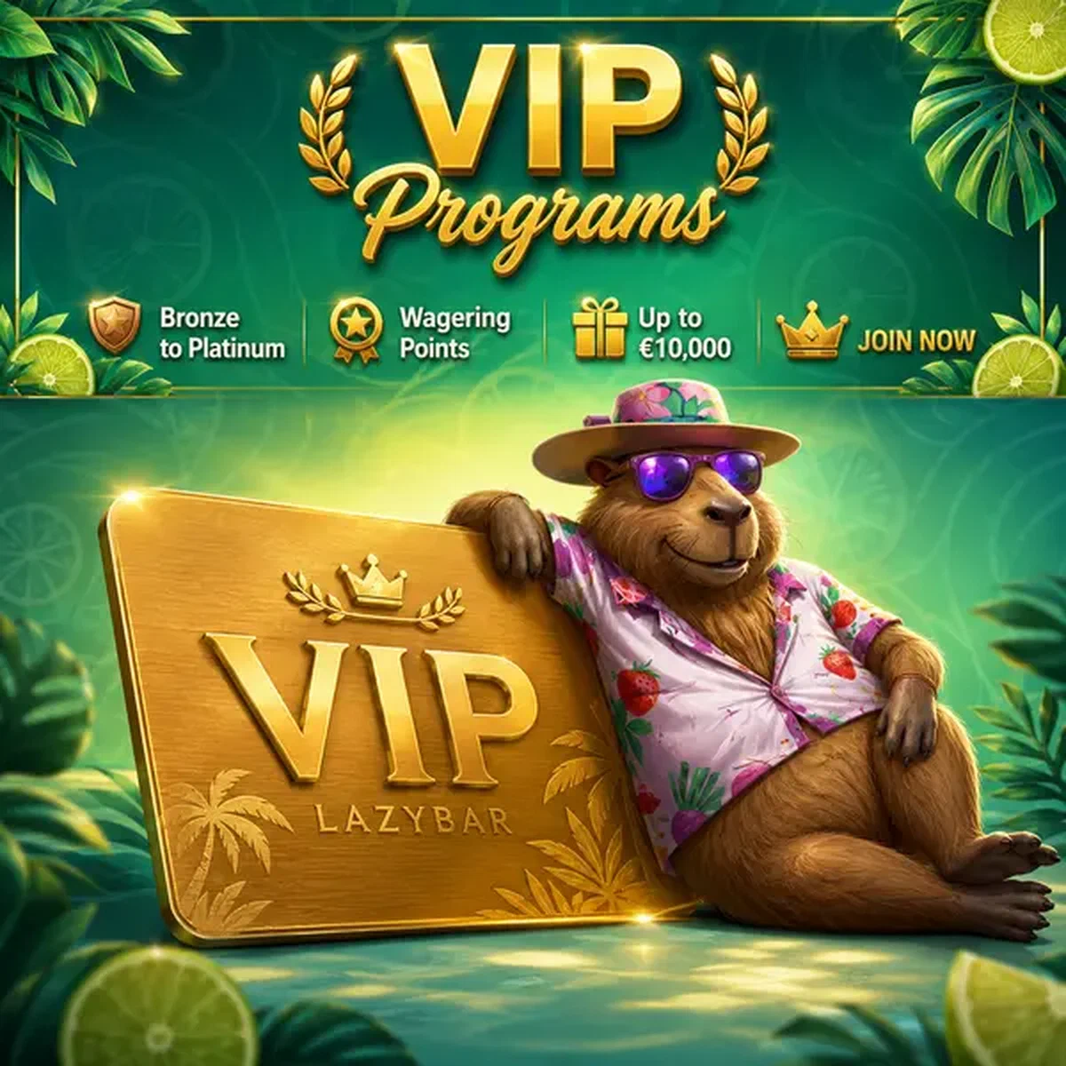 Capybara détendu s'appuyant contre une carte VIP dorée à l'entrée du programme de fidélité LazyBar