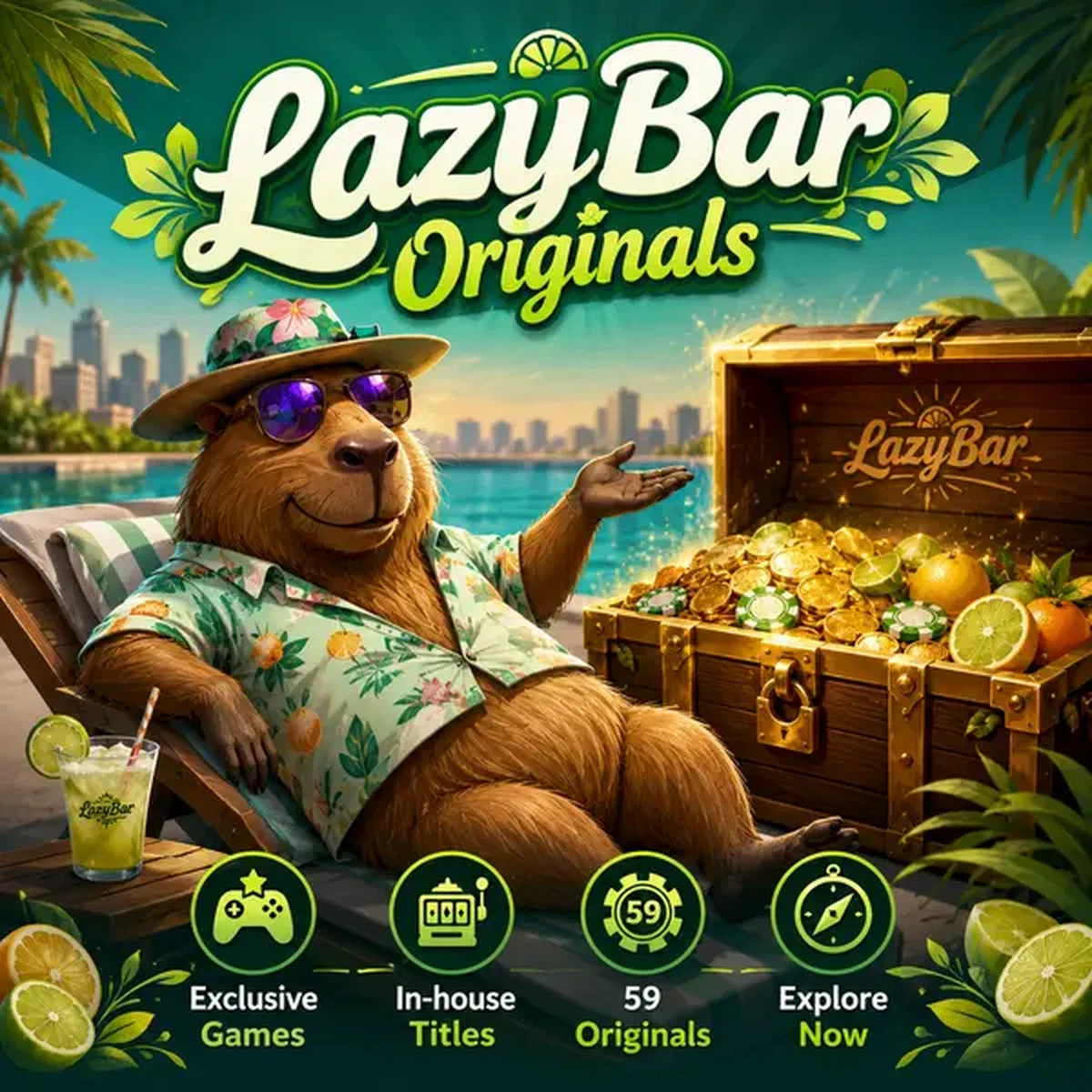 Coffre au trésor de jeux exclusifs LazyBar avec hôte capybara au bord de la piscine
