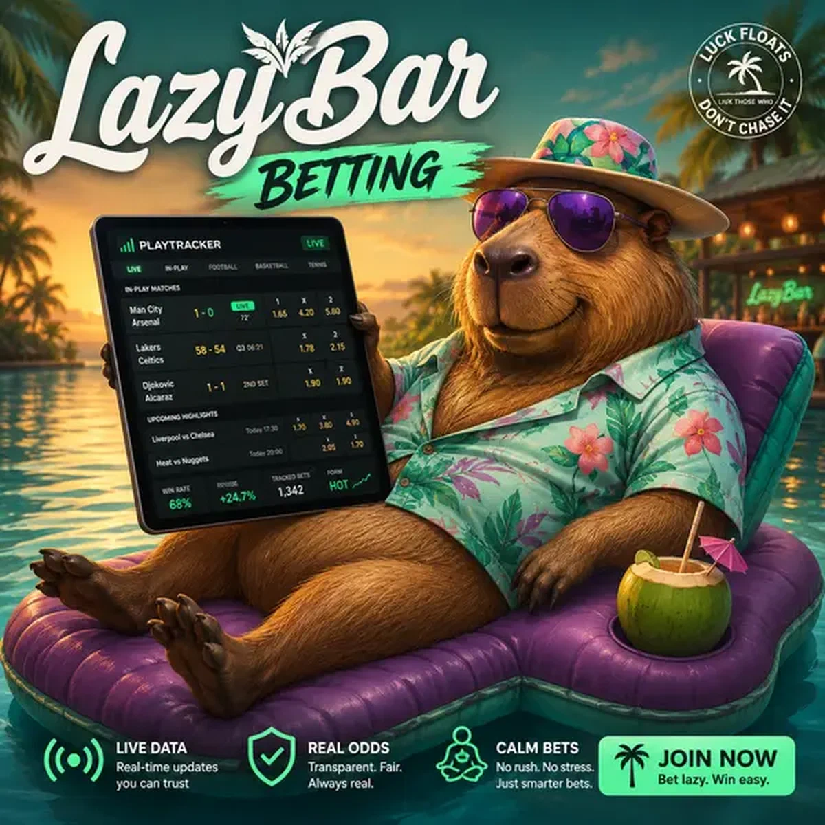 Capybara en chemise hawaïenne menthe tient une tablette montrant les cotes de paris sportifs au bord de la piscine LazyBar